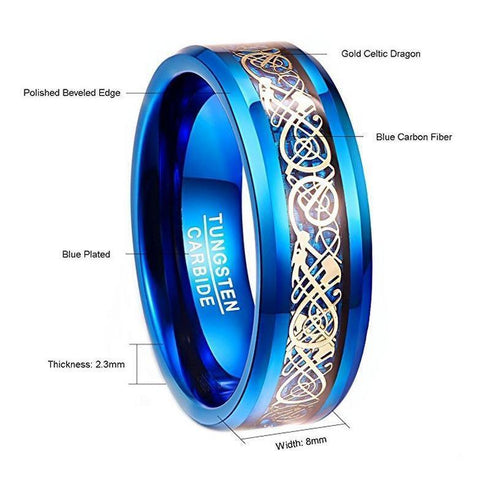 Men 8mm Beveled Edge Comfort-Fit Blue Silver Celtic Dragon Tungsten Wedding Band